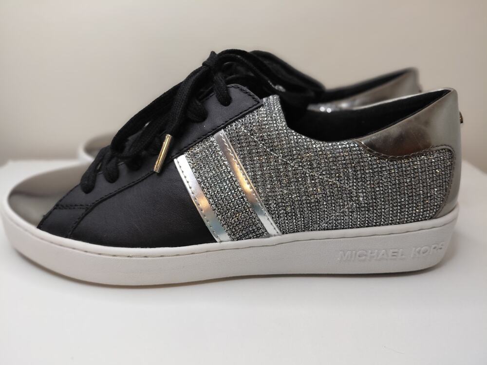 Michael Kors Keaton Sneakers Black Silver Glitter Chain Mesh Lace Up New Size 9